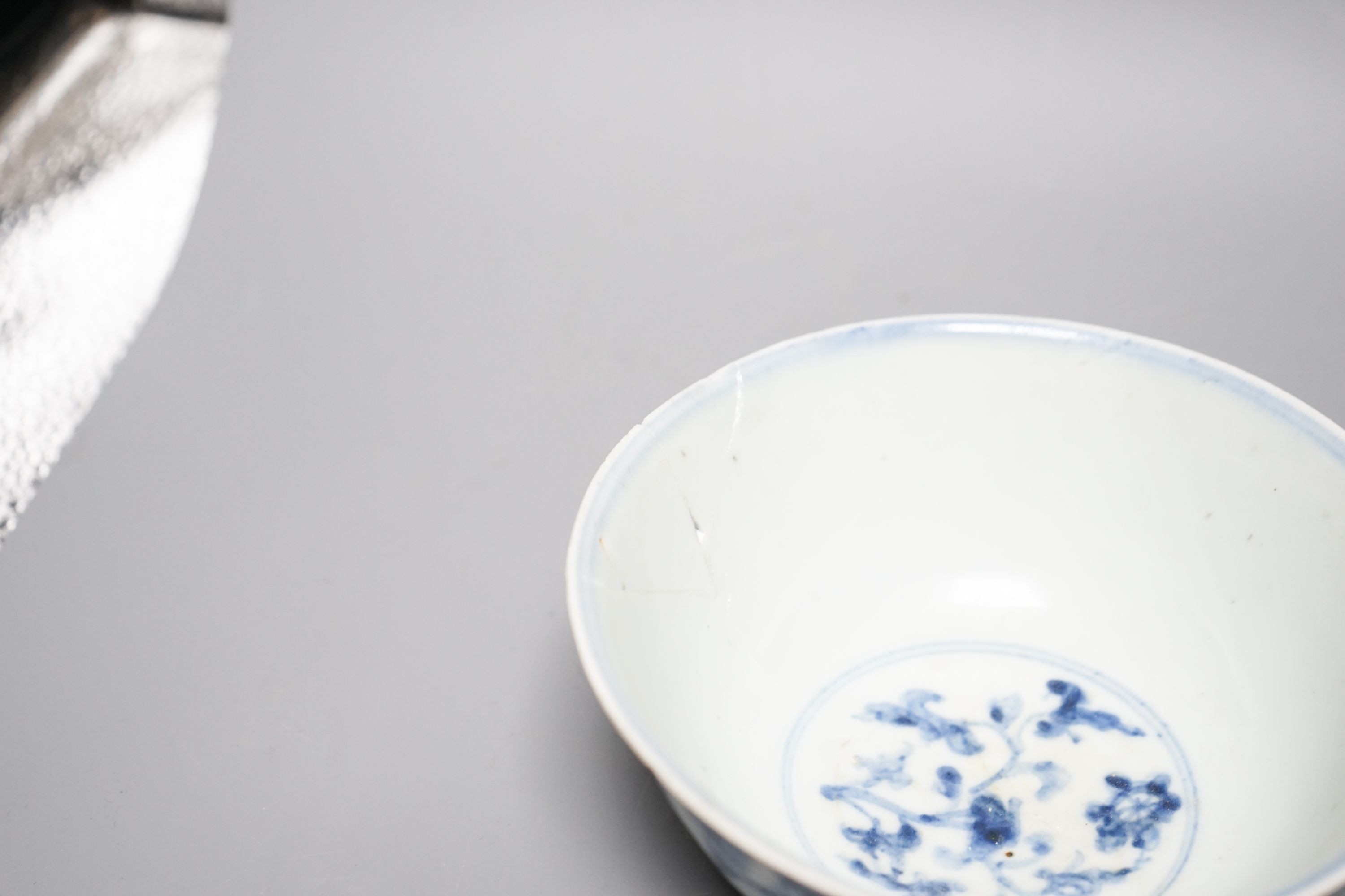 A Chinese blue and white bowl and a Qingbai type box and cover, Ming Dynasty or later Chinese, 15cm